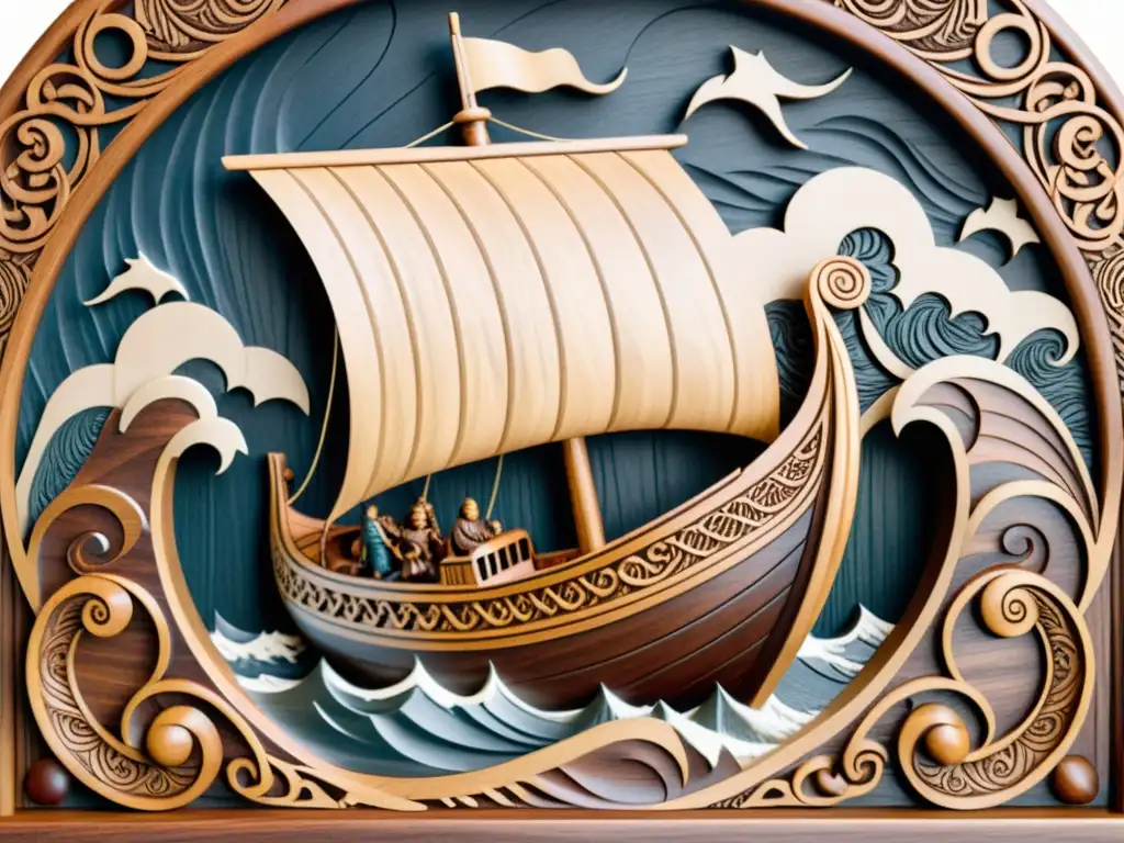 Tallado en madera simbología vikinga: Detallado relieve de barco vikingo navegando en olas tormentosas, mostrando poder y artesanía vikinga
