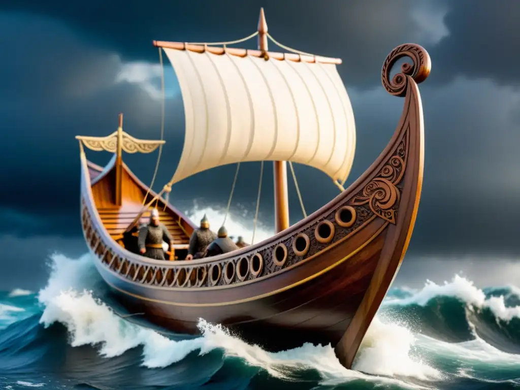 Figura de barco vikingo esculpida en madera: detalle y poder Taller de escultura: detallada figura de barco vikingo navegando en mares turbulentos