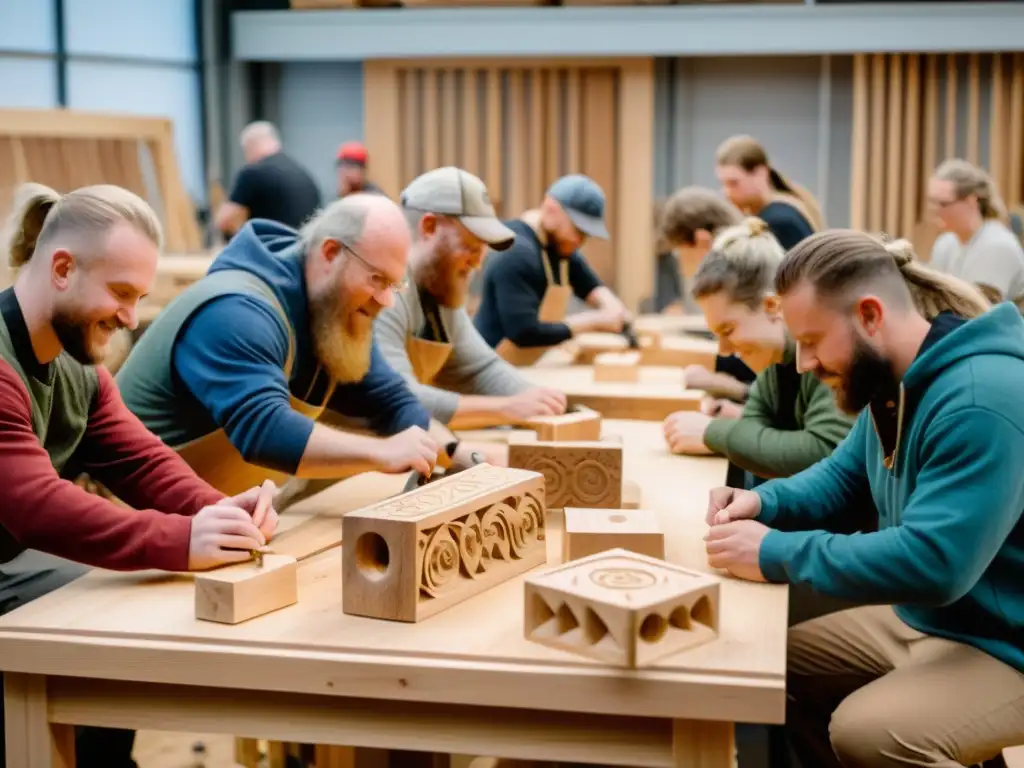 Taller de carpintería vikinga: tallado mítico en madera Un taller de escultura de figuras míticas vikingas, tallando con entusiasmo y precisión en madera