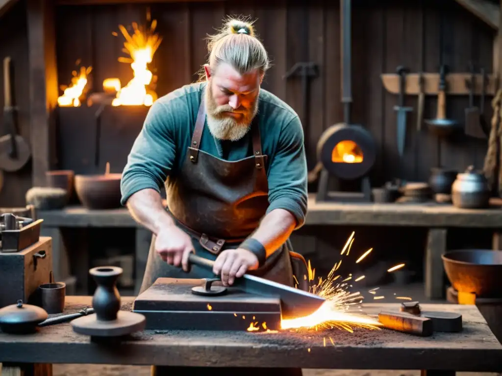 Taller de herrería vikinga: un herrero forja una espada en un ambiente lleno de herramientas y metalurgia vikinga