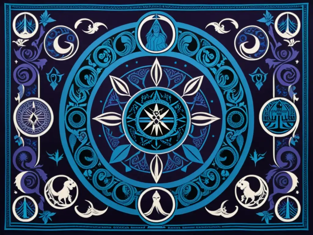 Tapestry de Hel en neopaganismo: paisaje gélido y oscuro con Hel en su trono rodeada de espíritus difuntos, en tonos azules y morados