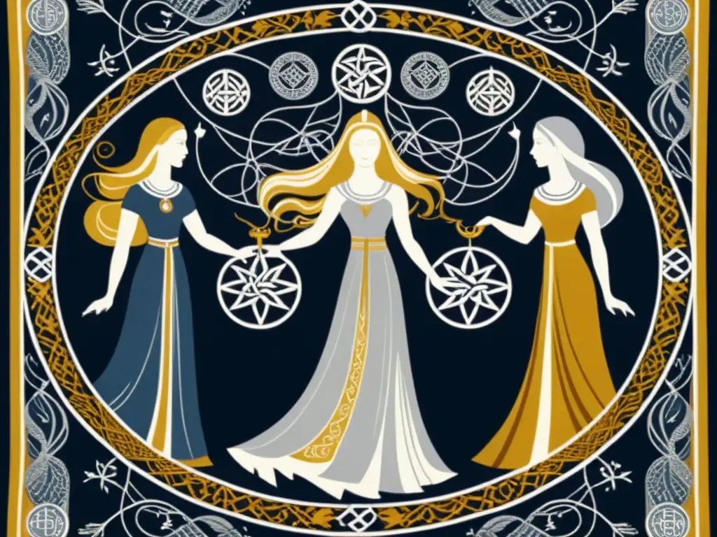 Un tapiz intrincado ilustrando a las Nornas y las Moiras tejiendo el destino en la mitología vikinga, con una atmósfera mística