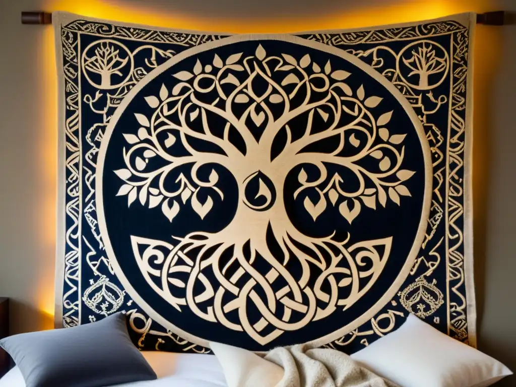 Tapiz vikingo de Yggdrasil y símbolos nórdicos iluminado por velas en pared de piedra