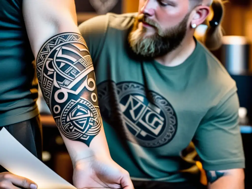 Un tatuador moderno crea un diseño vikingo en el brazo de un cliente, fusionando símbolos antiguos con cultura pop