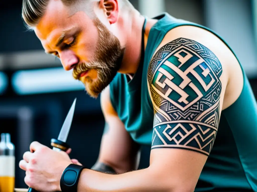 Un tatuador moderno crea un diseño vikingo detallado en el brazo de un cliente, reflejando la influencia de las alianzas vikingas