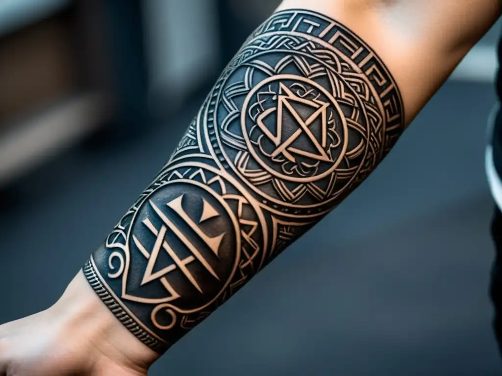 Un tatuaje de mangas inspirado en Vikingos con símbolos como Vegvisir, Mjolnir y Yggdrasil, detallado y sombreado