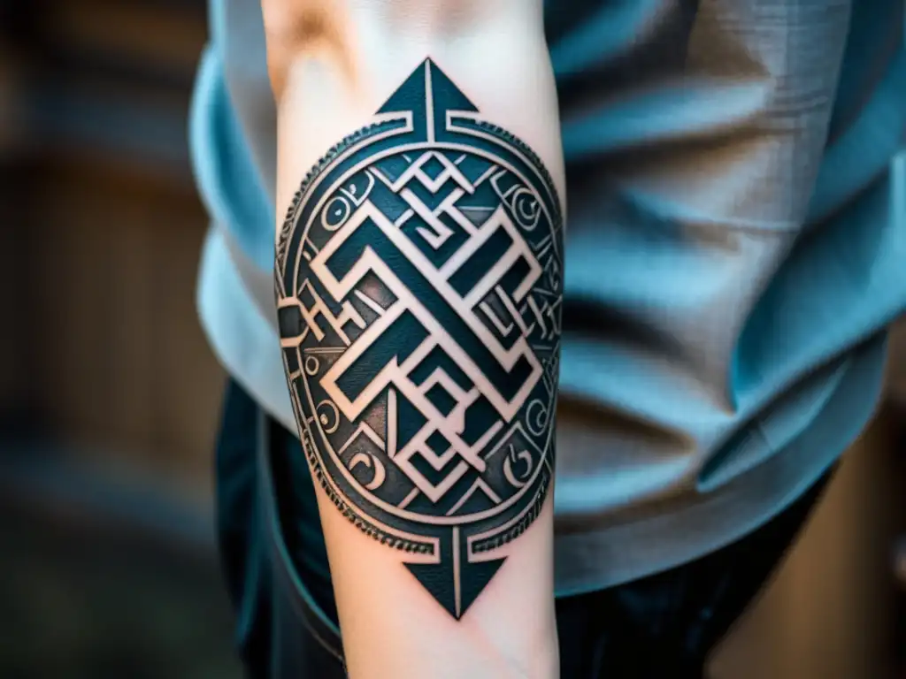 Tatuaje vikingo en antebrazo con runas y símbolos nórdicos entrelazados, destacando la artesanía y profundidad del diseño