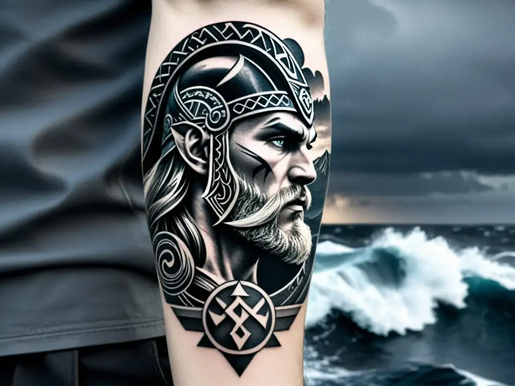 Un tatuaje vikingo con diseño de espíritu guerrero en un paisaje marino tormentoso