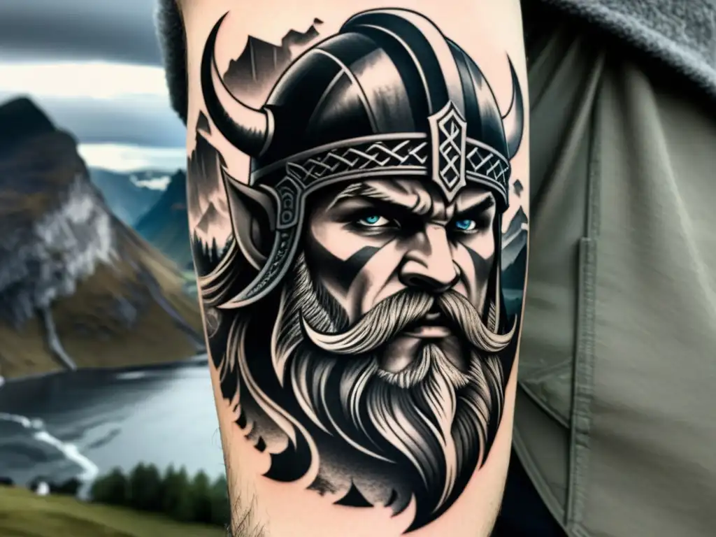 Tatuaje vikingo con guerrero feroz, paisaje nórdico tormentoso y significado ancestral