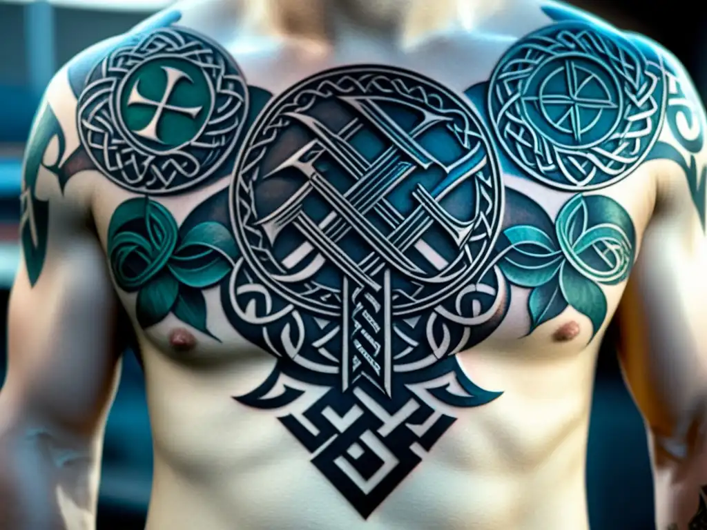 Tatuaje vikingo con runas, hachas y nudos celtas, influencias arte tatuaje era vikinga