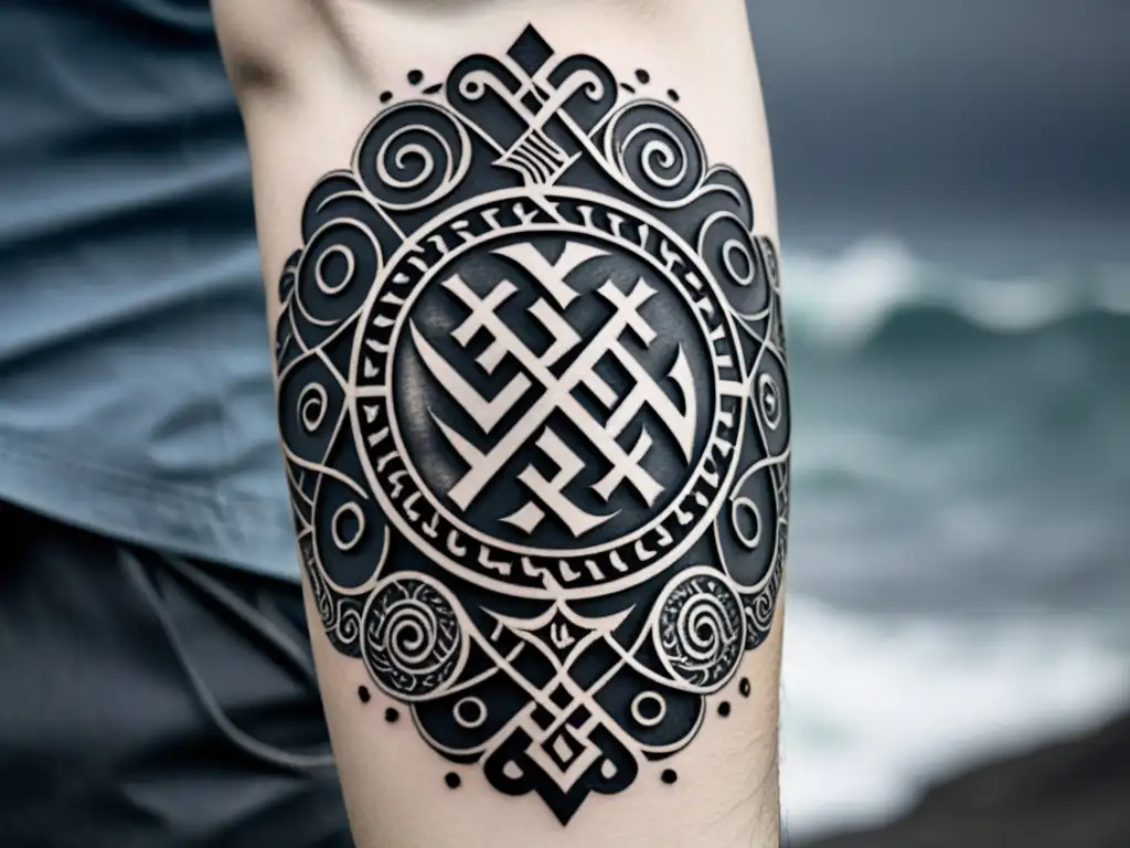 Un tatuaje Vikingo con el Vegvísir rodeado de runas y dragones, envuelto en nubes tormentosas y olas