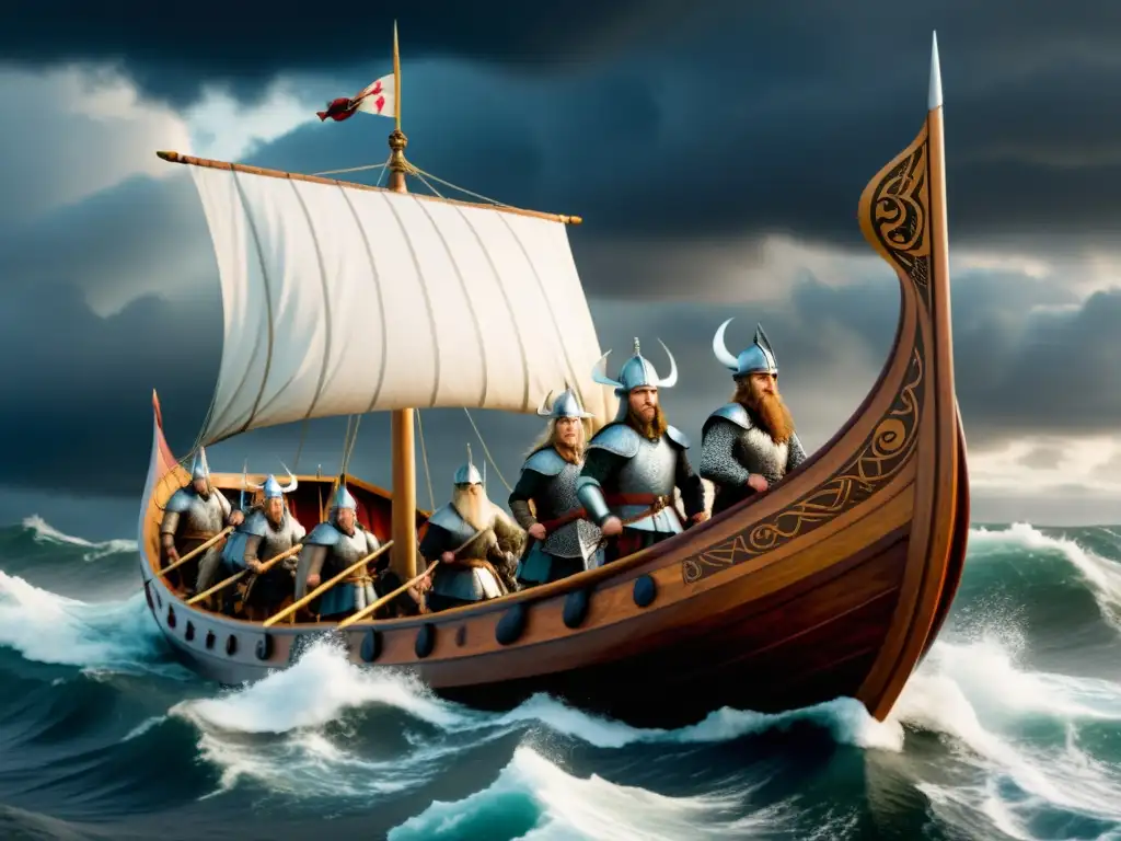 Técnicas de navegación vikinga: Vikingos en un drakkar luchando contra el mar en tormenta, con guerreros y velas al viento