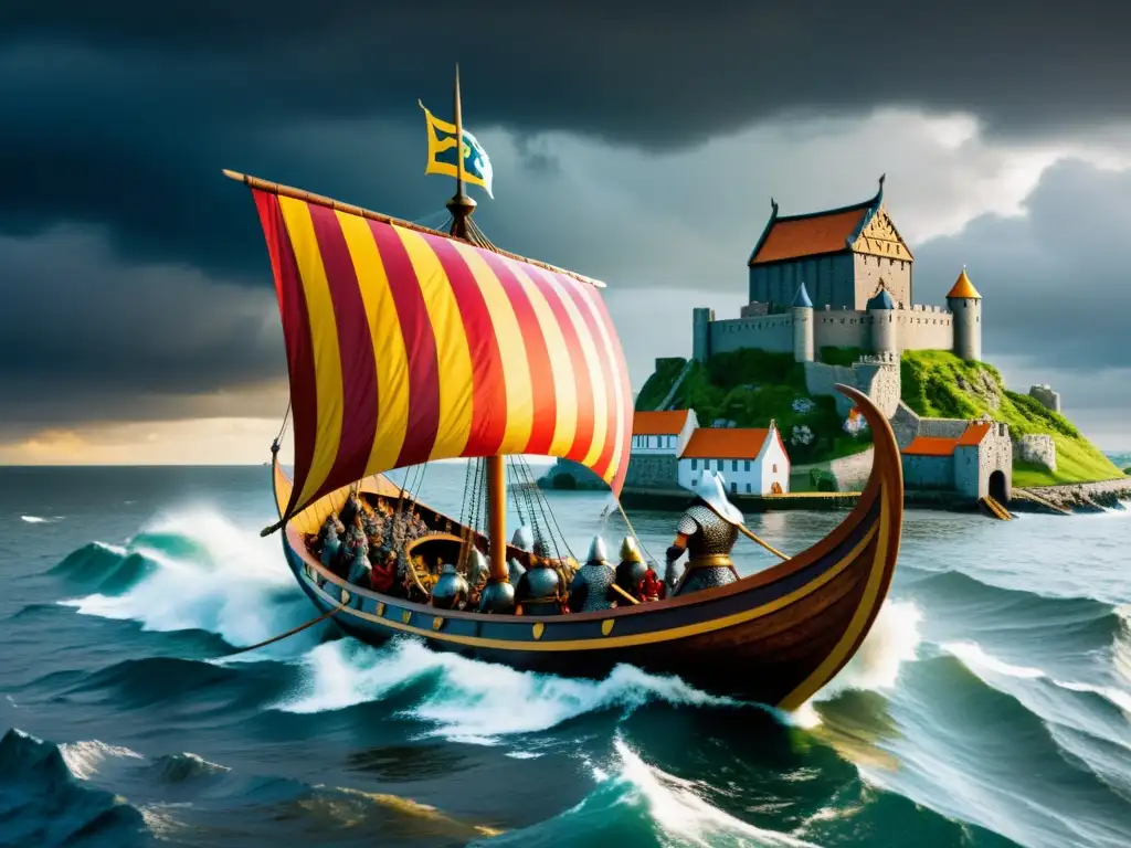 Un temible drakkar vikingo se aproxima a un pueblo europeo bajo tormenta, evocando la economía de saqueo vikingo influencia Europa