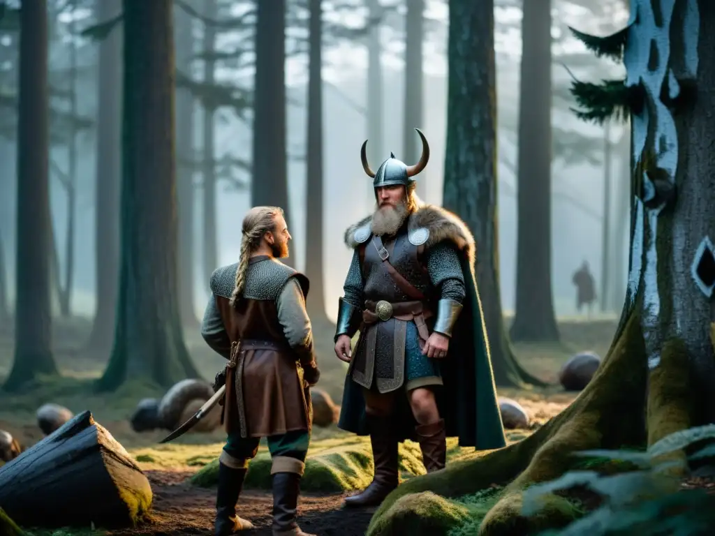 Reunión secreta de espías vikingos en el bosque Un tenso encuentro de espías vikingos en el bosque, intercambiando un pergamino