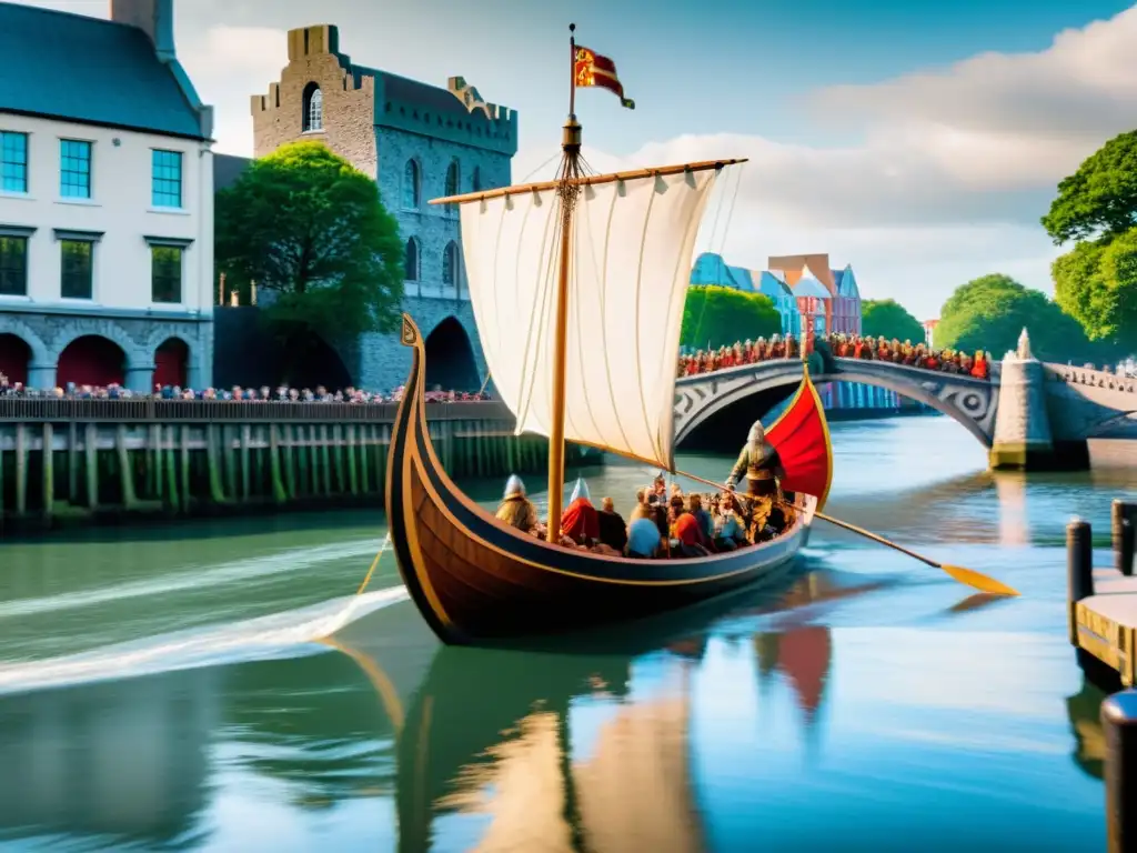 Tesoro vikingo en Dublín: barco vikingo navega por el río Liffey con el puente Ha'penny y edificios históricos de fondo