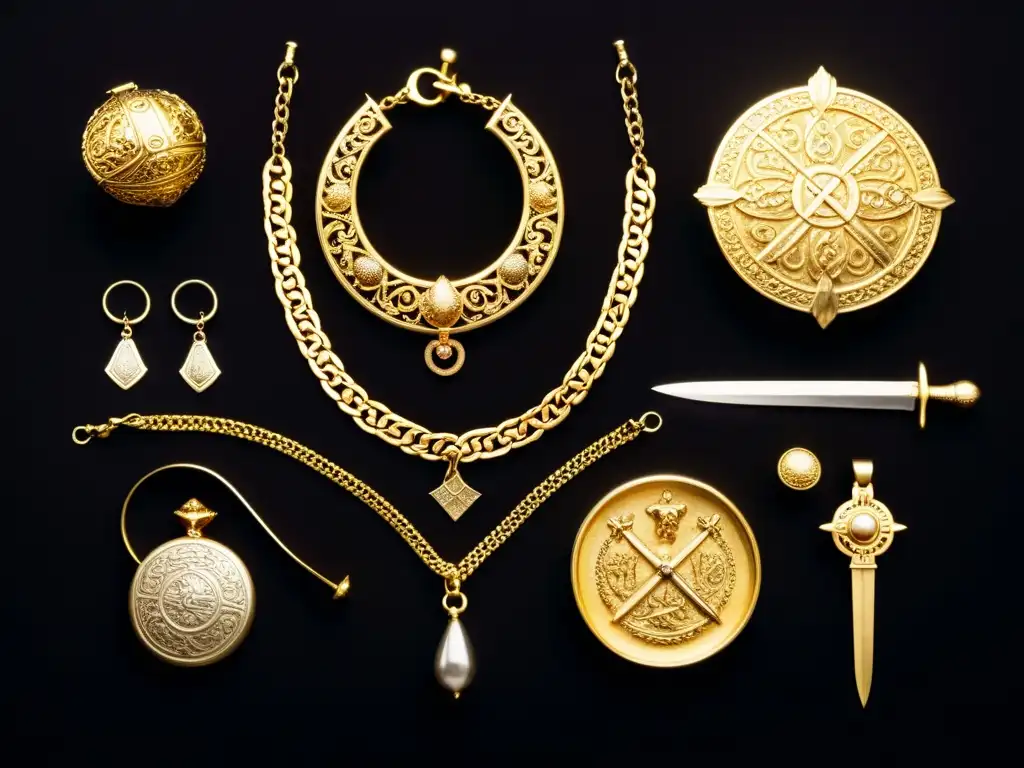 Tesoro vikingo de Lejre: joyas de oro, armas ornamentadas y otros artefactos en fondo oscuro resaltando su riqueza y maestría artesanal