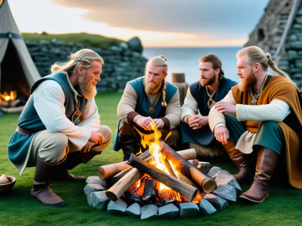 Tesoro vikingo en Dublín: Reenactores vikingos cocinan alrededor de fogata en ruinas de piedra iluminadas por el fuego