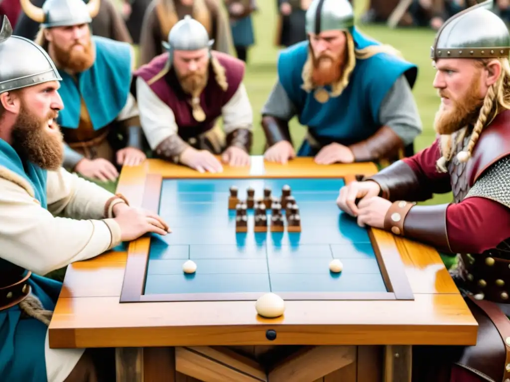 Un torneo épico de Hnefatafl Vikingo en un festival con ambiente vibrante y mercado medieval