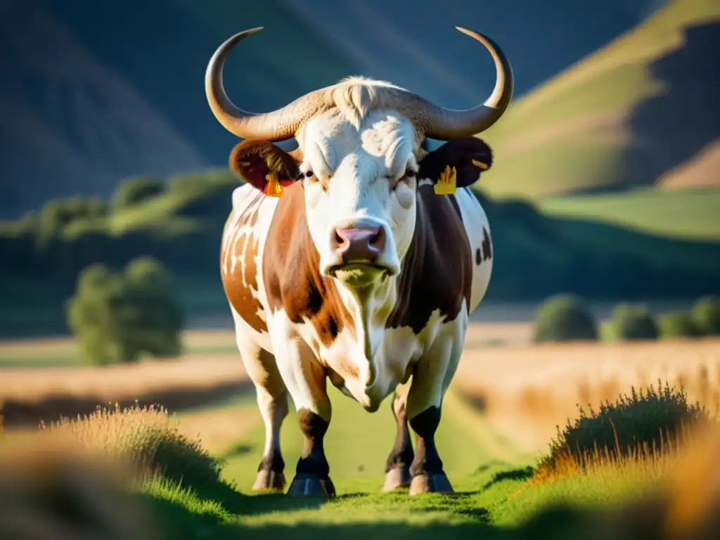 Un toro majestuoso y poderoso en un paisaje vasto y áspero, simbolizando la fortaleza y energía de la runa Uruz