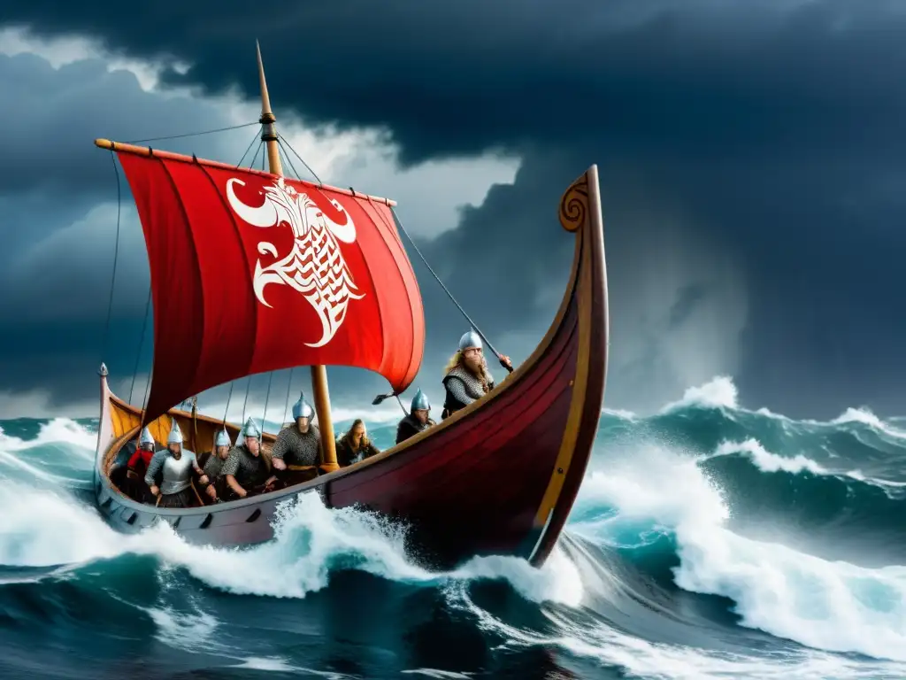 Thor, dios del trueno, en un barco vikingo en alta mar bajo tormenta