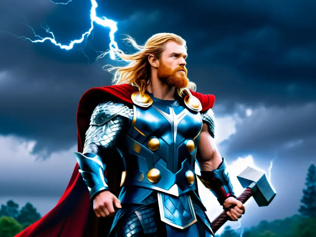 Thor, el dios nórdico del trueno, en un bosque bajo tormenta