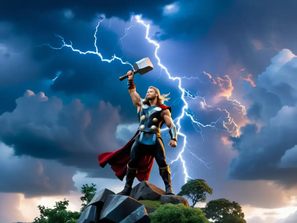 Thor, dios nórdico del trueno, con su martillo Mjölnir levantado, Yggdrasil de fondo y cielo tormentoso