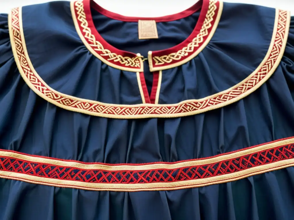 Una túnica vikinga bien conservada con patrones nórdicos en tonos azul, rojo y verde