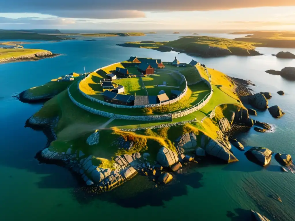 Turismo en escenarios reales Vikings: Atardecer en L'Anse aux Meadows, Canadá, con edificaciones nórdicas y un drakkar navegando