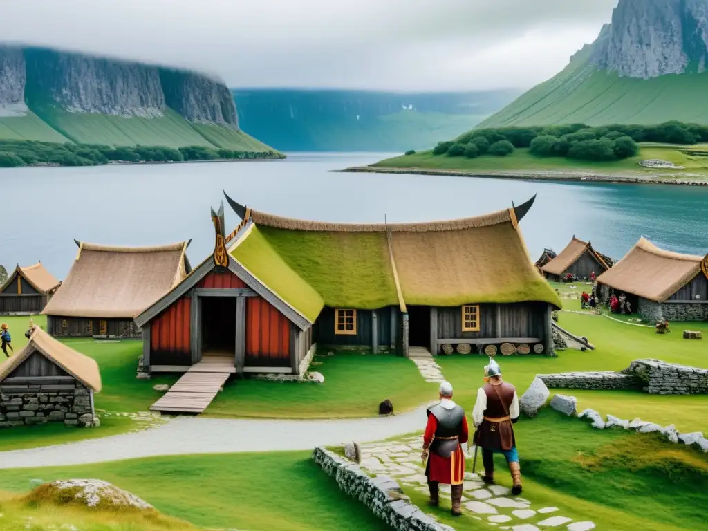 Turistas viviendo la era Vikinga en un pueblo histórico con casas largas y barcos de madera