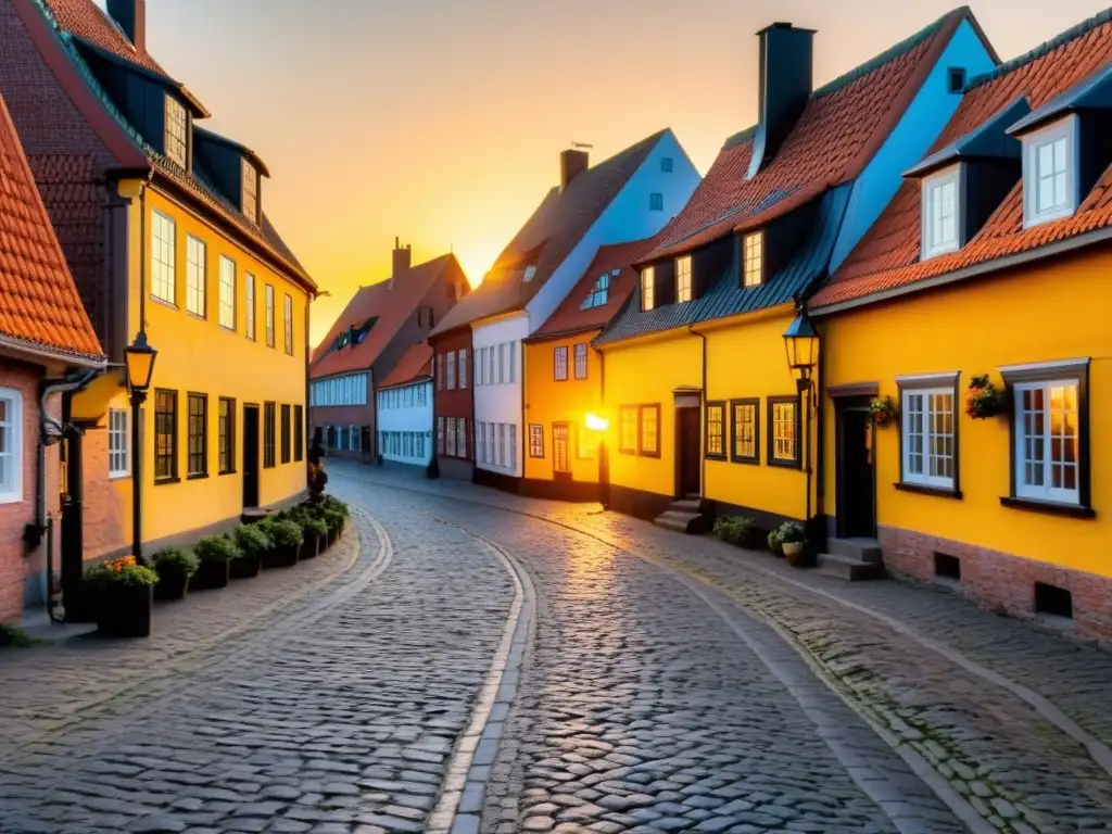 Última luz del sol sobre Ribe, ciudad más antigua de Dinamarca, con casas históricas y calles empedradas