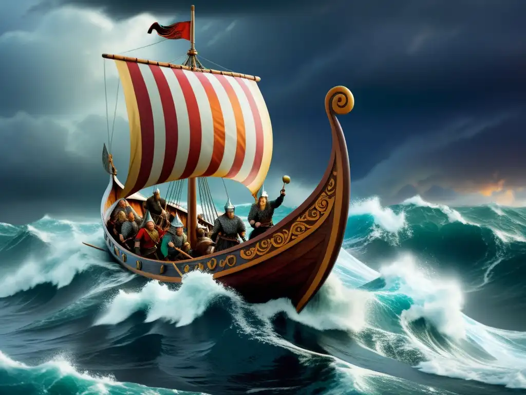 El último viaje de los vikingos: un drakkar navega en el mar en medio de una tormenta, con vikingos a bordo y cielos amenazantes