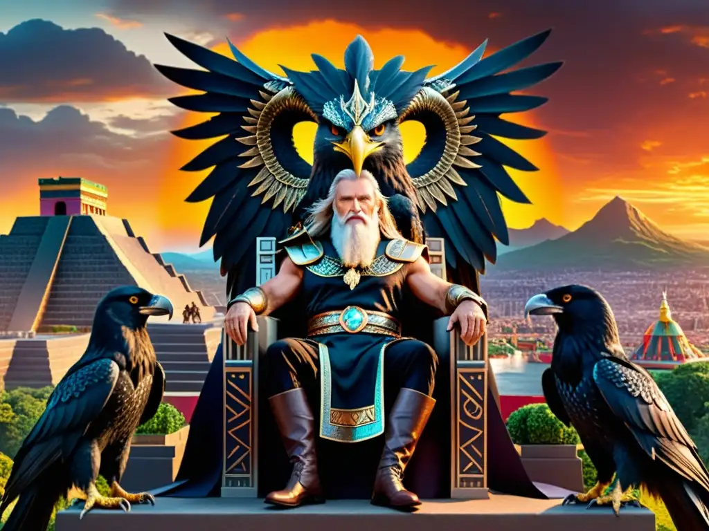 Ilustración ultradetallada en 8k de Odin y Quetzalcoatl en Asgard y Tenochtitlan, fusionando mitologías nórdica y azteca