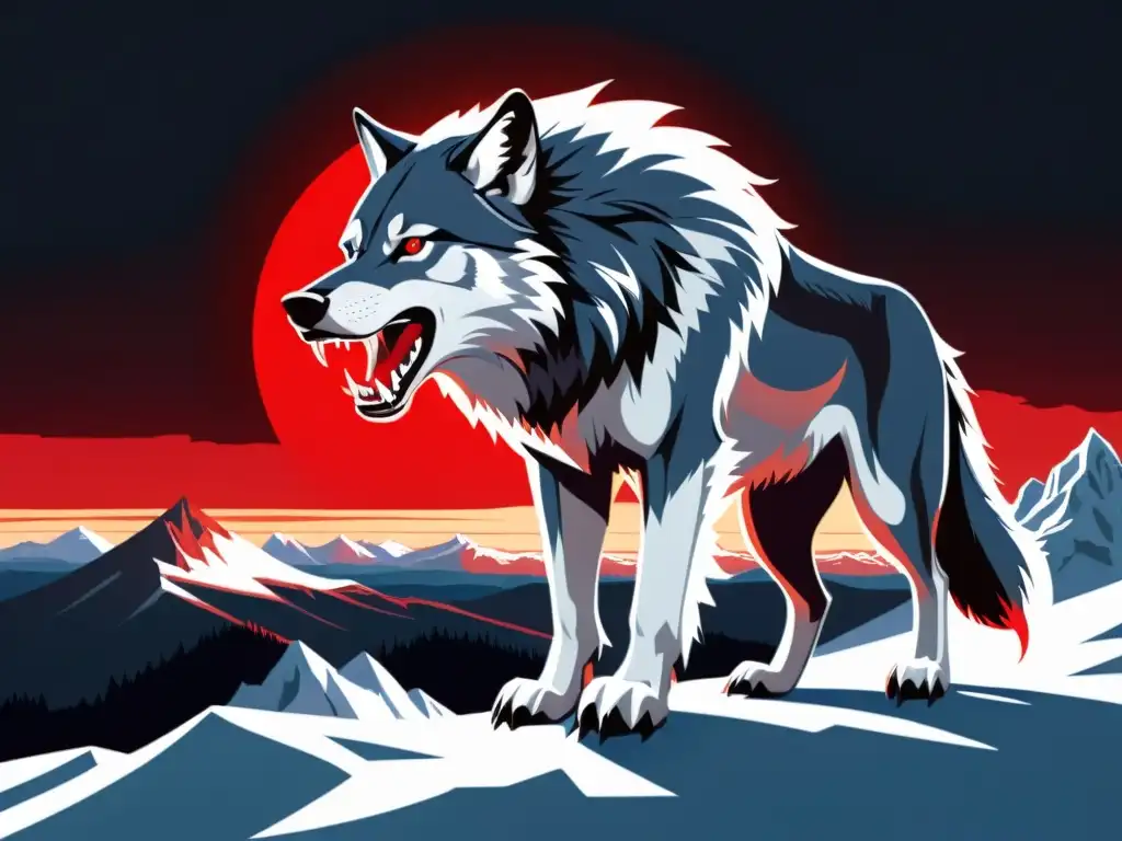 Ilustración ultrarrealista del monstruoso lobo Fenrir de la mitología nórdica, aterrador y poderoso