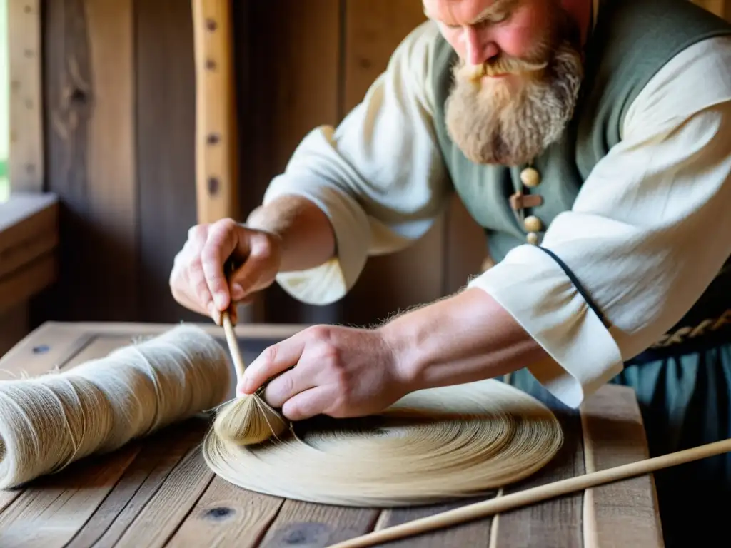 Recreación de la producción y uso del lino vikingo: hábiles reenactores hilando fibras de lino en hilo con herramientas tradicionales