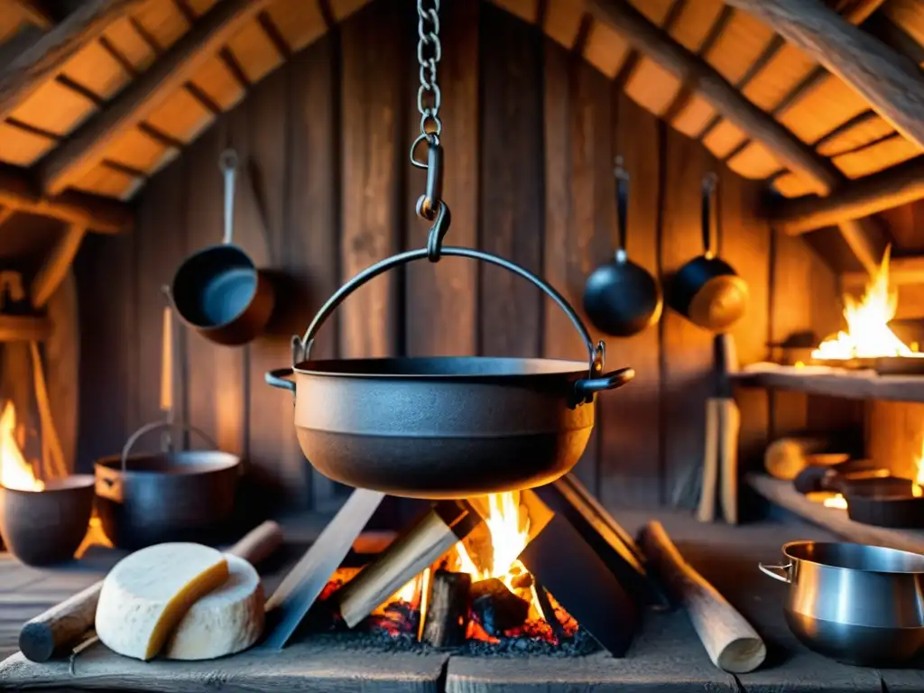 Utensilios de cocina vikingos auténticos en una escena de hogar rústico con olla de hierro forjado sobre fuego abierto