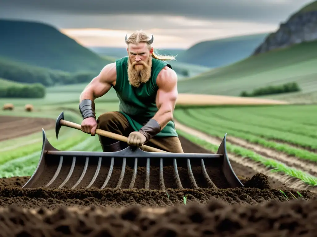 Un valeroso agricultor vikingo labrando la tierra con herramientas agrícolas vikingas eficientes en un campo exuberante y vasto