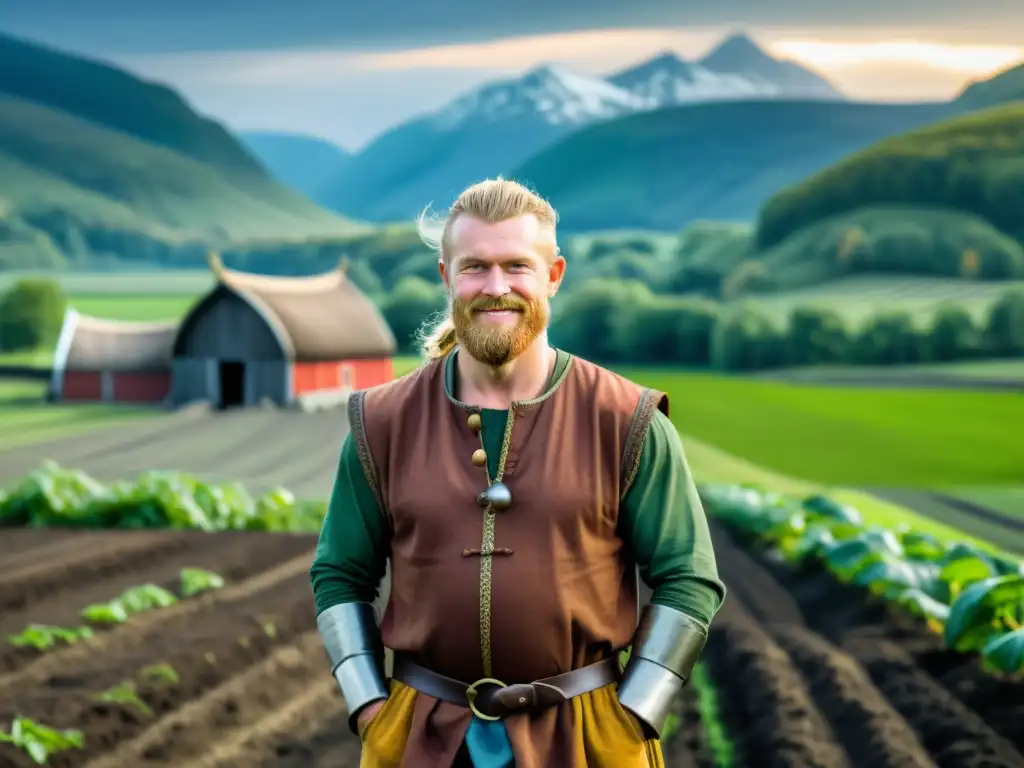 Un valiente agricultor vikingo esparciendo fertilizantes naturales en un campo exuberante