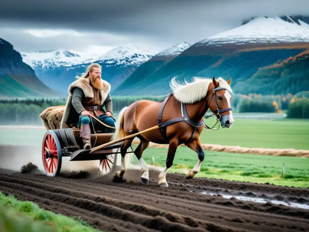 Un valiente agricultor vikingo guía a su poderoso caballo mientras ara la tierra en un vasto campo nórdico