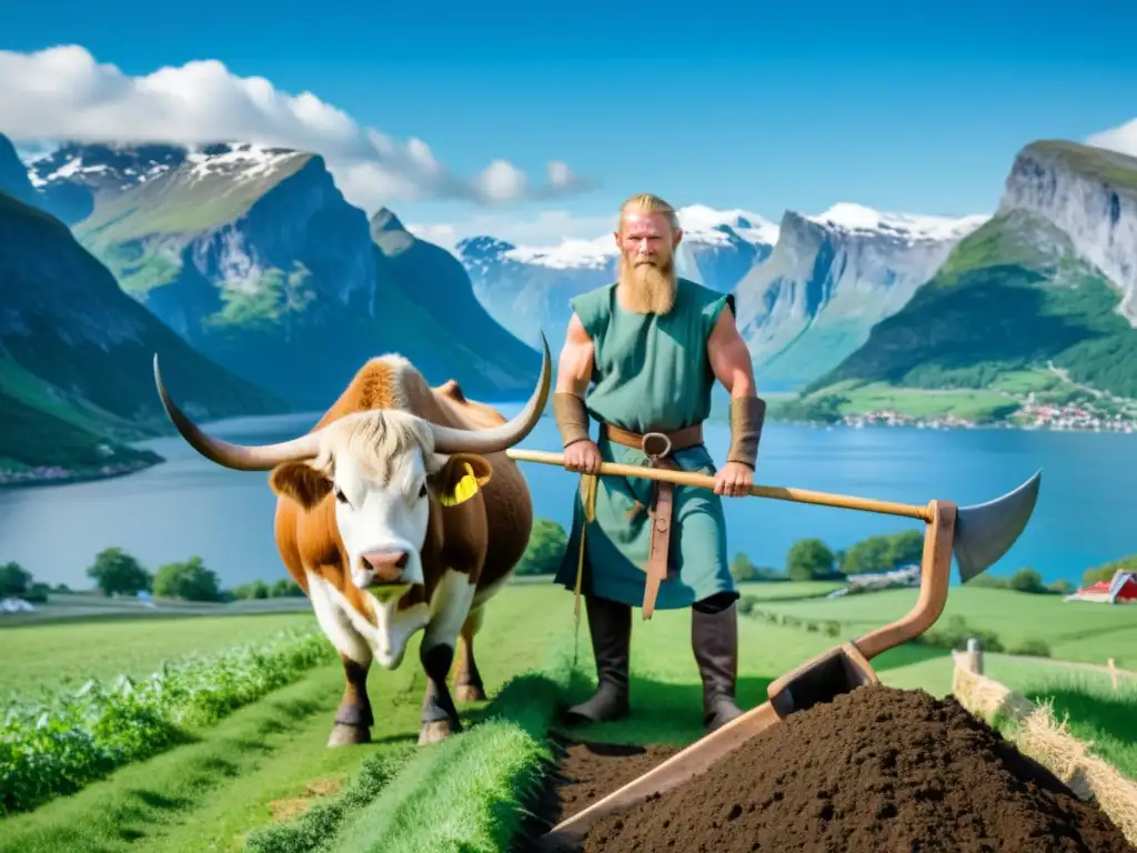 Un valiente agricultor vikingo ara la tierra con bueyes en un campo verde