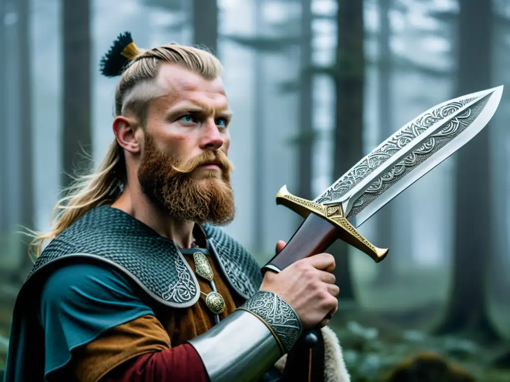 Un valiente explorador vikingo sostiene una daga Seax ante un bosque nórdico brumoso