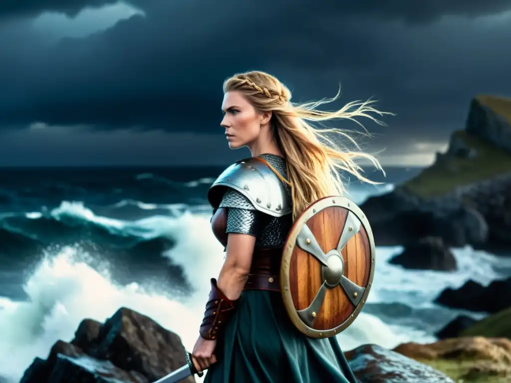 Una valiente guerrera vikinga en un acantilado, con el mar tempestuoso de fondo