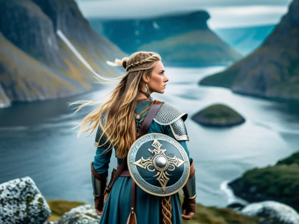 Una valiente guerrera vikinga en un acantilado con armadura y símbolos nórdicos, reflejando los roles femeninos en la narrativa vikinga