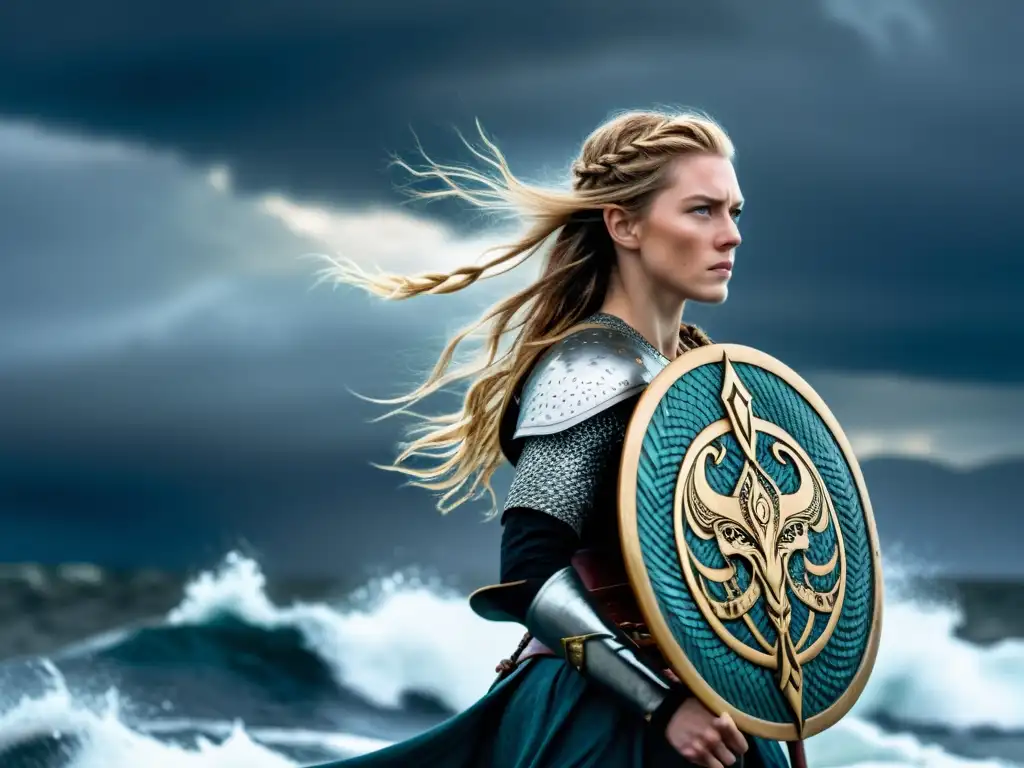 Una valiente guerrera vikinga en un barco, con armadura y espada, simbolizando el empoderamiento femenino en mitología vikinga