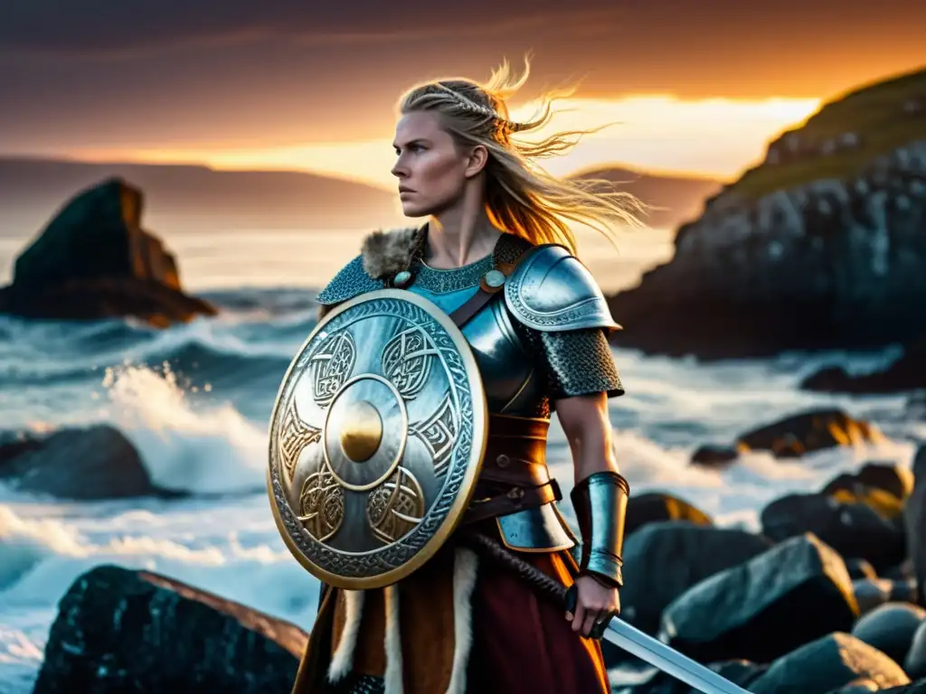 Una valiente guerrera vikinga en la costa nórdica, reflejando la fuerza de las Mujeres en la sociedad vikinga