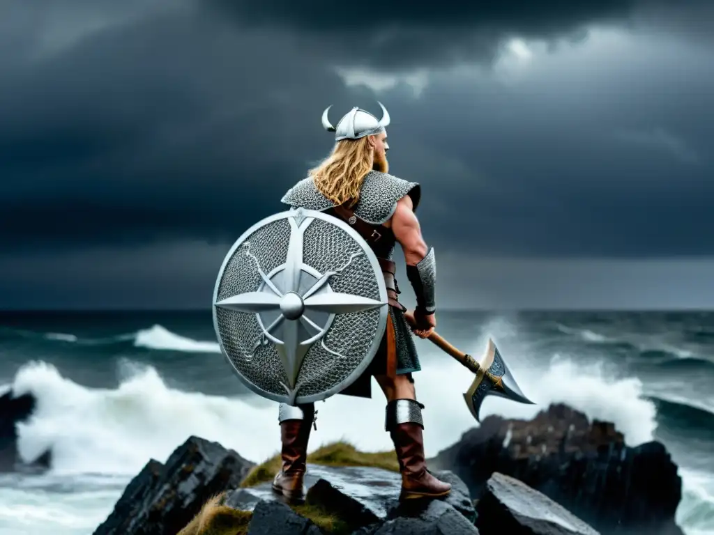 Un valiente guerrero vikingo en armadura, con hacha y escudo, desafiando la tormenta en el acantilado