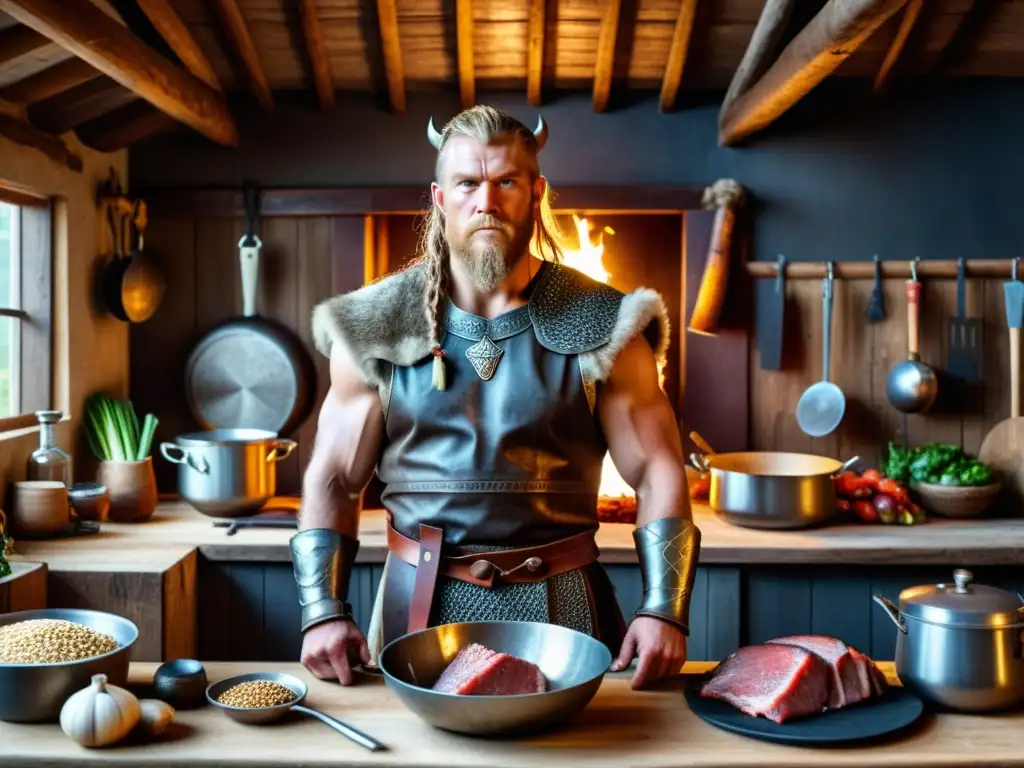 Un valiente guerrero vikingo en una cocina rústica, rodeado de alimentos y utensilios