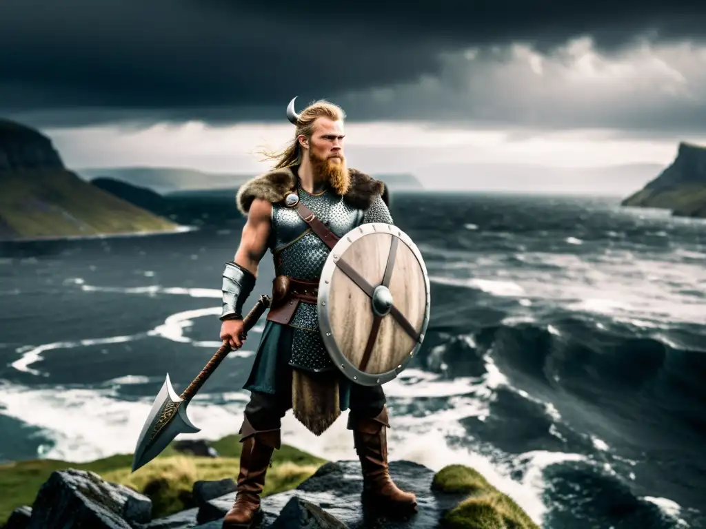 Vikingo en la costa: preparado para la batalla en el fiordo Un valiente guerrero vikingo en la costa, listo para la batalla