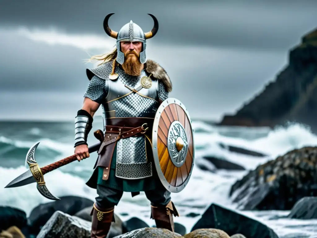 Un valiente guerrero vikingo en la costa nórdica, listo para competiciones vikingas de habilidad y fuerza