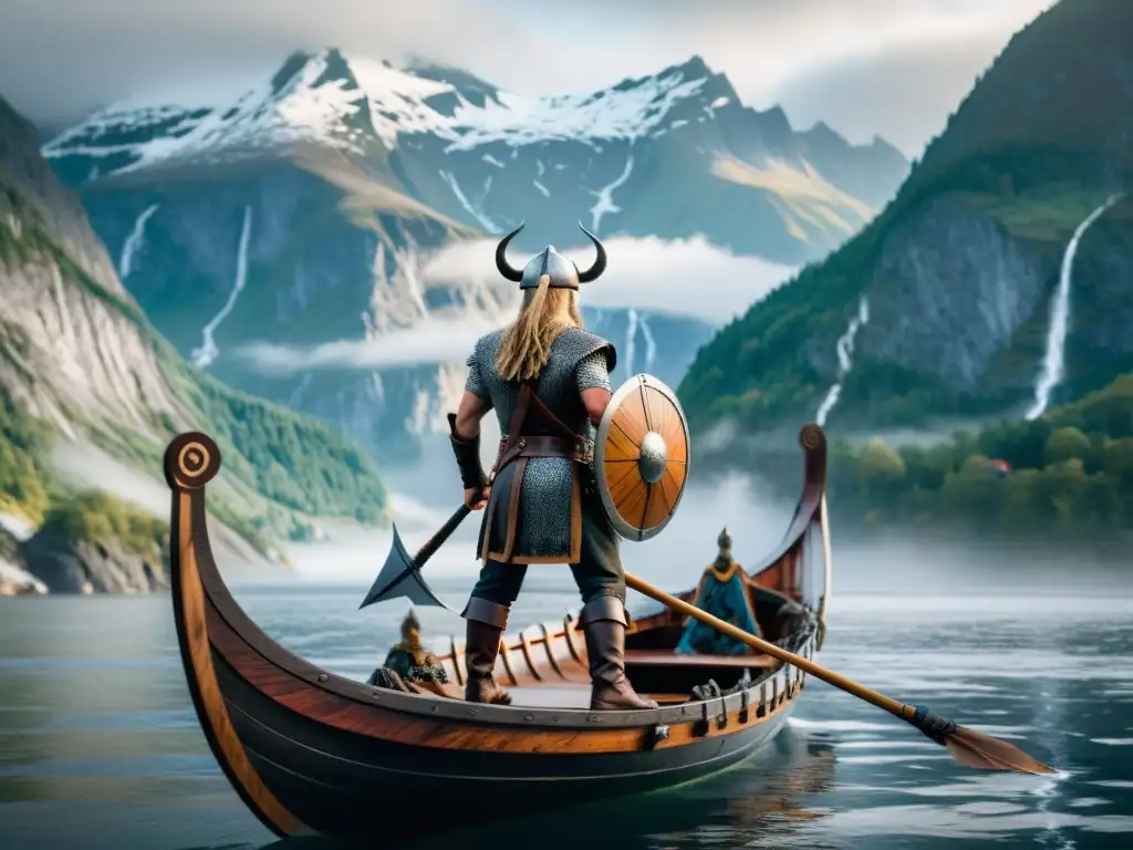 Viking guerrero en barco: épico paisaje neblinoso Un valiente guerrero vikingo en un fiordo neblinoso, rodeado de montañas nevadas