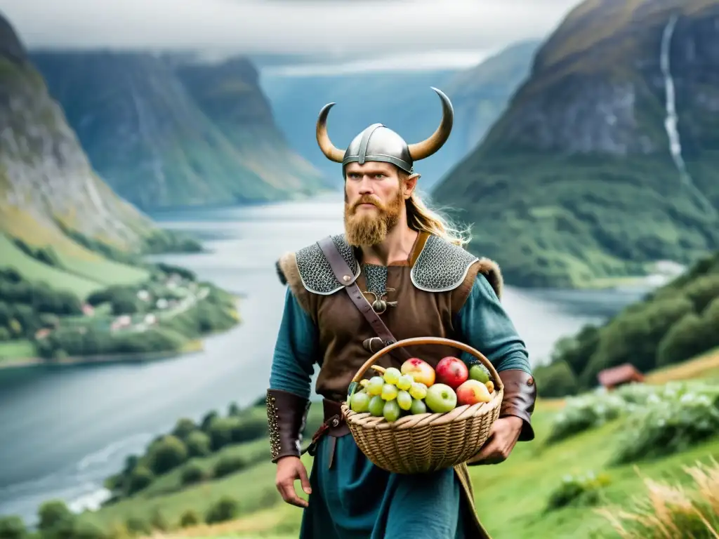 Un valiente guerrero vikingo cargando frutas en un paisaje nórdico exuberante